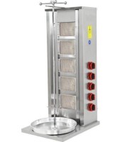 5 radyanlı dik tip doğalgazlı döner ocağı; paslanmaz çelik gövdeli, özel seramik taşlı pişiricilere sahip, ayarlanabilir döner şişi bulunan, 110 cm yüksekliğinde profesyonel büfe ve lokanta tipi döner kebap pişirme makinesi.