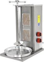 2 radyanlı paslanmaz çelik doğalgazlı döner kebap ocağı; bağımsız kumanda edilebilir seramik ısıtıcılı, ayarlanabilir et şişli, 75 cm yüksekliğinde masaüstü tipi ekonomik döner pişirme makinesi.